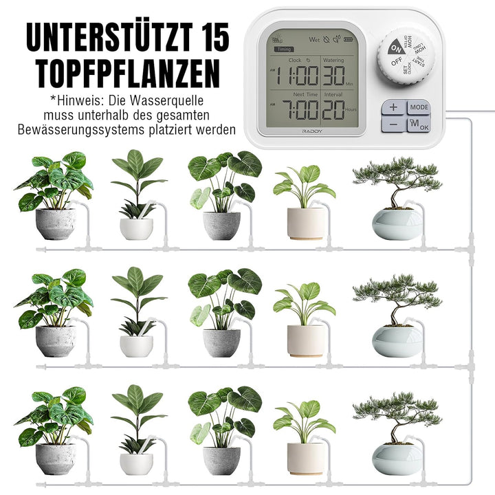 Raddy WS-7 Solar-Automatische Bewässerungssystem, IPX7-Wasserdichtigkeit, Bewässerung für 15 Topfpfl