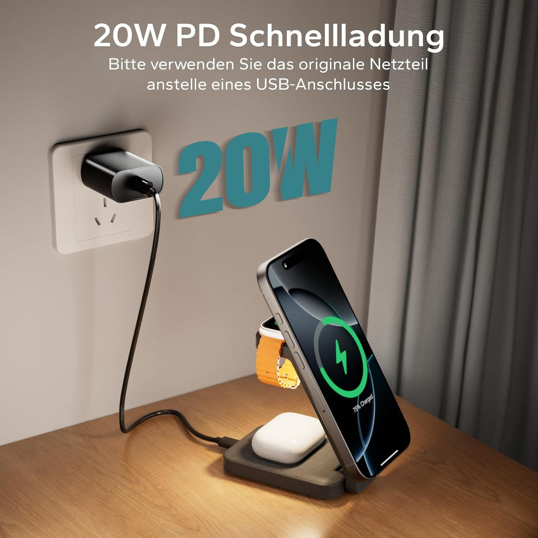 Magsafe Ladestation für Apple Watch und iPhone 3 In 1 Faltbar, iPhone Ladestation Magsafe Ladegerät