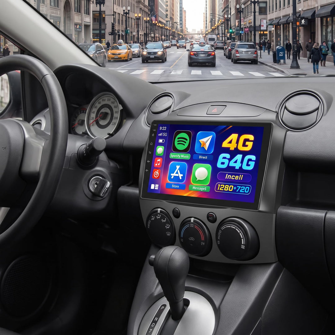 Hikity 4+64G Android 15 Autoradio für Mazda 2 2007-2014, 9" Bildschirmradio mit Wireless CarPlay And