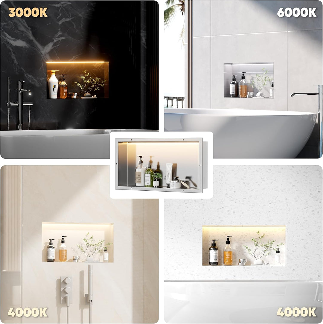 Wandnische Dusche Aluminium mit LED-Licht, Duschnische Befliesbar 60x30cm mit 3 Farbtemperatur für B