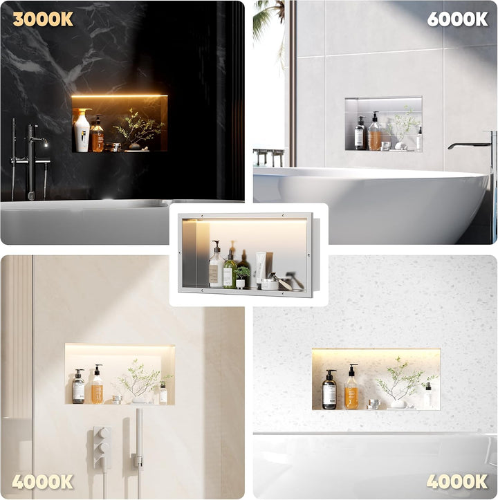 Wandnische Dusche Aluminium mit LED-Licht, Duschnische Befliesbar 60x30cm mit 3 Farbtemperatur für B