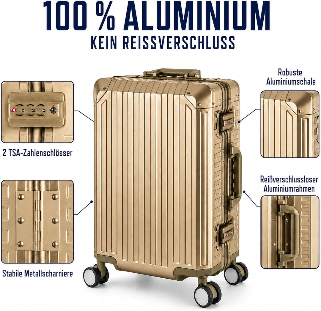 Travelhouse 100% Aluminium Reisekoffer Tokyo Champagner L-72cm Hartschalenkoffer 2X TSA Zahlenschlos