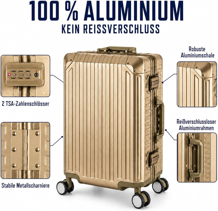 Travelhouse 100% Aluminium Reisekoffer Tokyo Champagner L-72cm Hartschalenkoffer 2X TSA Zahlenschlos