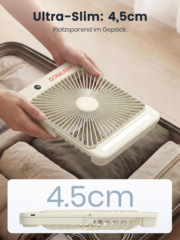 Warmco 20000mAh Akku Camping Ventilator 27cm mit Lampe, 15-48 Std. Laufzeit, Ultra-Leise, Ultraflach