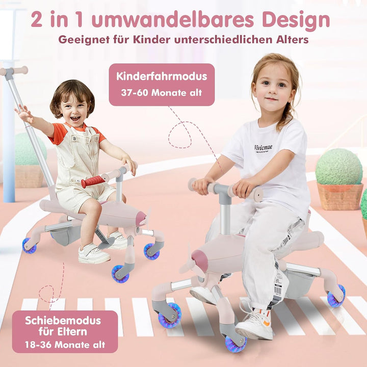 DREAMADE 2-in-1 Rutschauto, Flugzeug-Form Rutscherfahrzeug mit LED-Leuchten Rädern, Verstellbarer Sc
