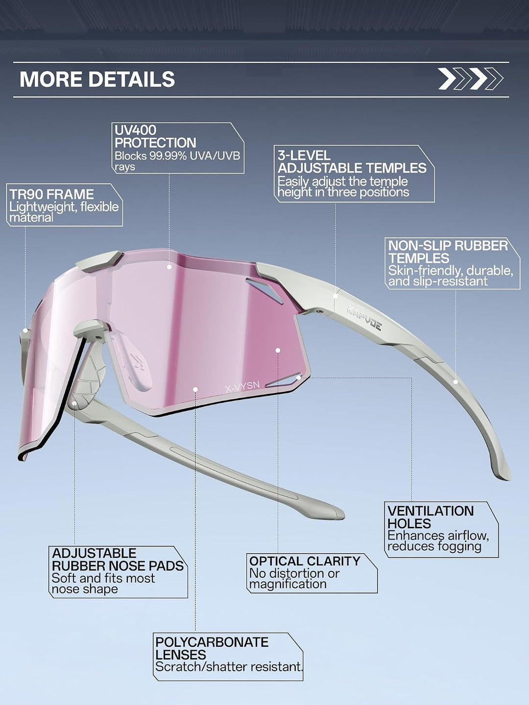 KAPVOE Fahrradbrille Herren Damen mit 3-stufig verstellbaren Bügeln K347 Grau-Rosasilber, Grau-Rosas