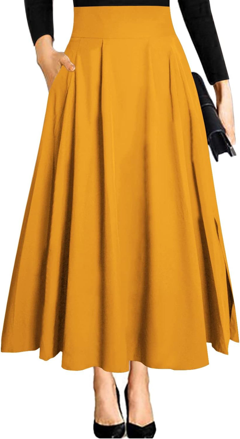 Damen High Waist Maxirock Taschen mit Seitenschlitz Langer A-Linie Rock XL 0 Ingwer, XL 0 Ingwer