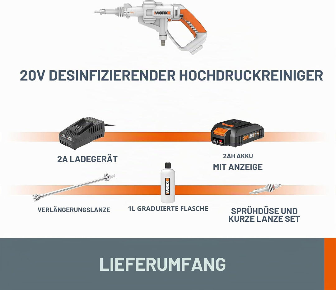 WORX WP650E Hydroshot Akku Drucksprühgerät 20V mit feinem Sprühnebel und 1L Flaschentank – inkl. 2Ah