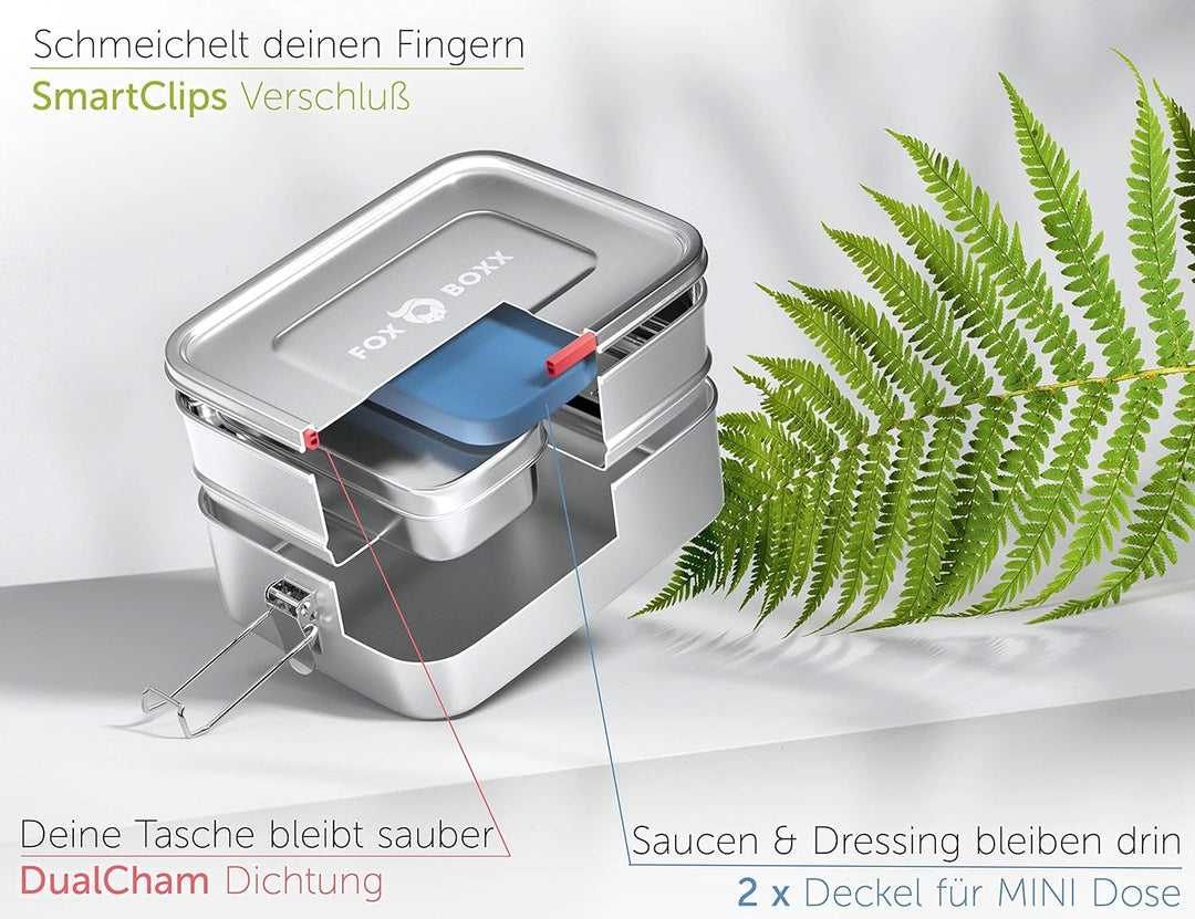 FOXBOXX Edelstahl Brotdose Premium | Multi 1550ml DOPPELDECKER | 2 Ebenen + 1 Trenner + 150ml MiniBo