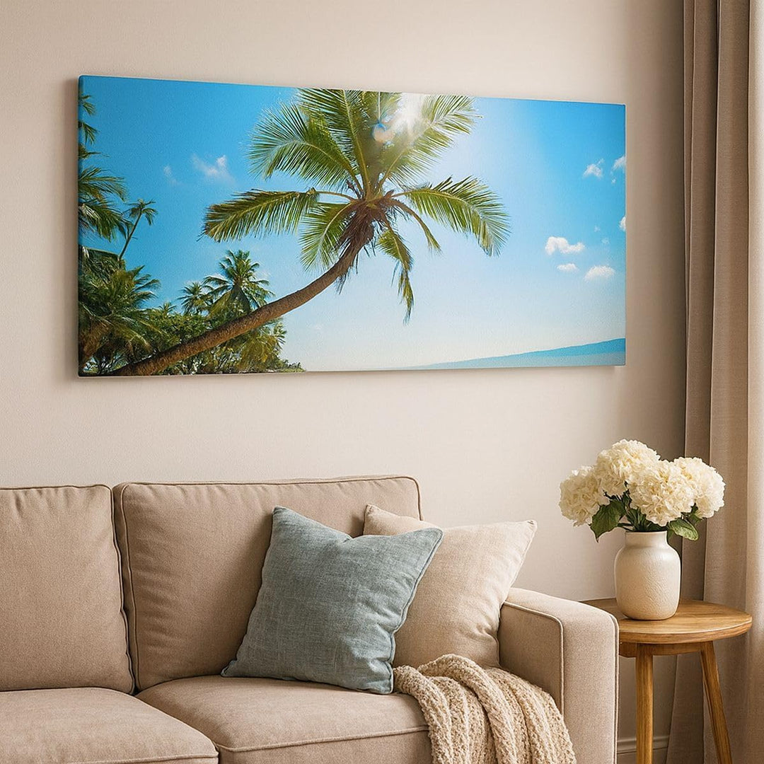 Panorama Bilder auf Leinwand 100x40cm Leinwandbild Strand Palme Meer Gross Wanddeko Bild Schlafzimme