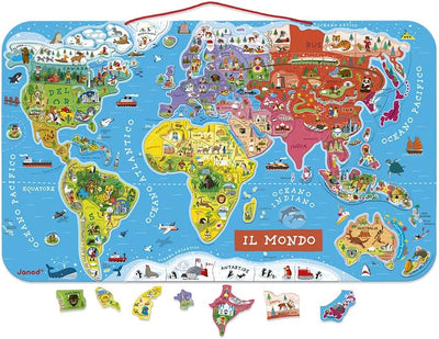 Janod J05513 Puzzle Magnetische Landkarte Die Welt aus Holz 92 Teile, Italienisch Italienisch Single