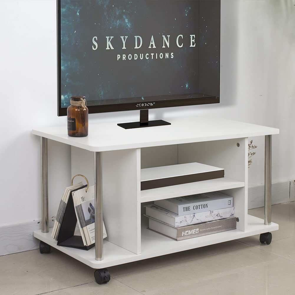 BAKAJI Wagen TV-Schrank, weiss, 4 Räder, Fernseher, Holz, MDF, Holzwerkstoff Metall, Medium