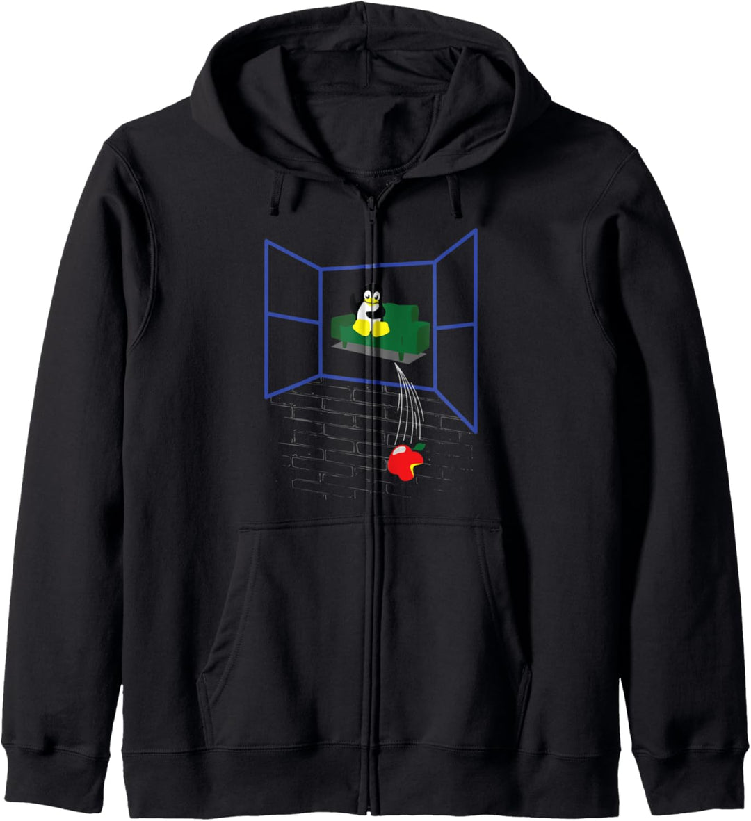 Linux Pinguin Wirft ein Apple aus dem Fenster Kapuzenjacke