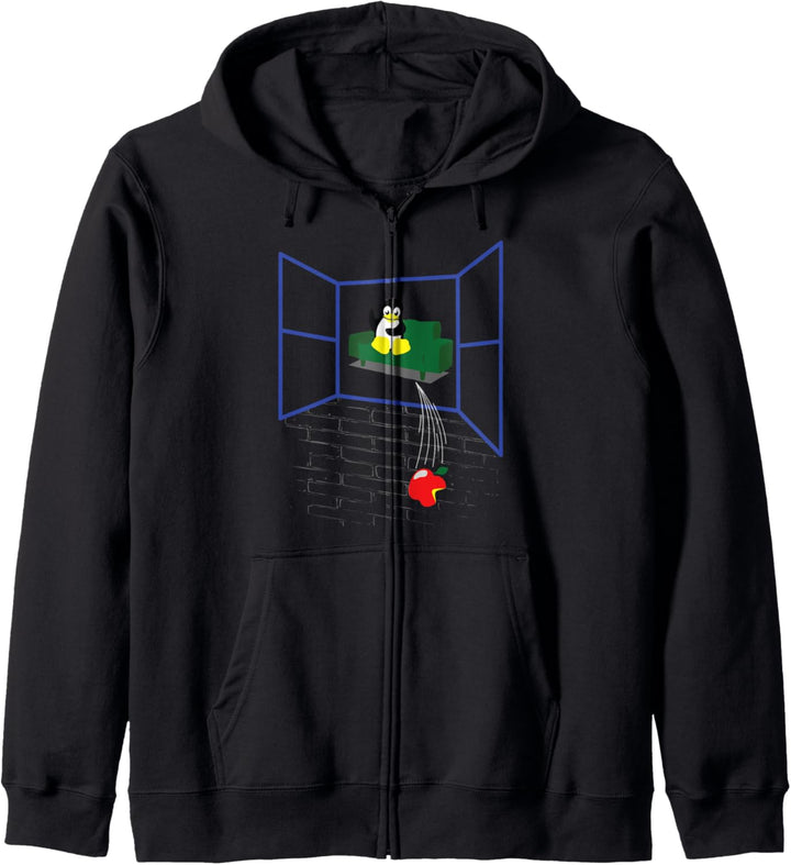 Linux Pinguin Wirft ein Apple aus dem Fenster Kapuzenjacke