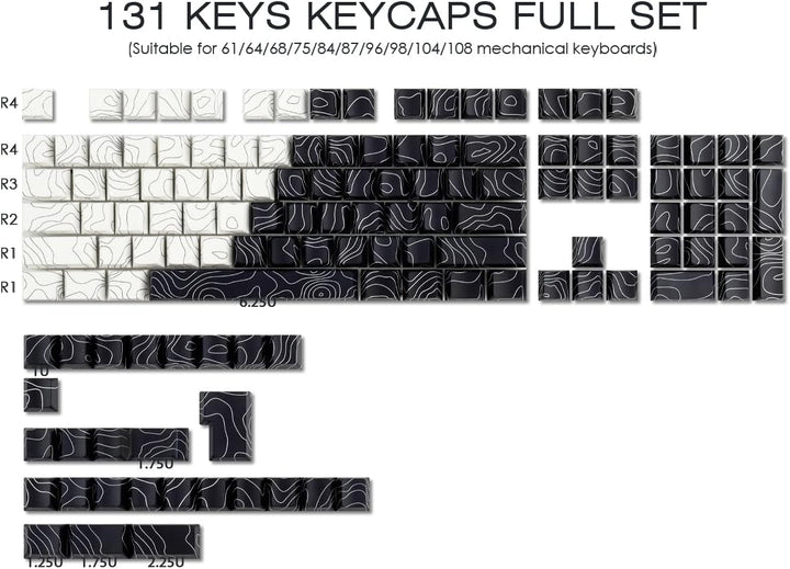 Sunzit Custom Keycaps, Weisse & Schwarz Topographische 131 Tasten PBT Cherry Profil Dye Sublimation