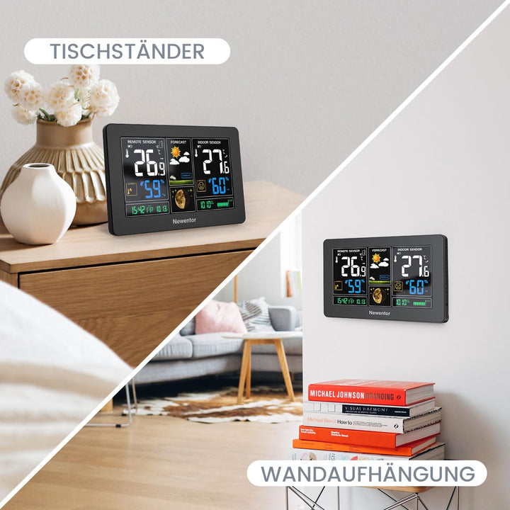 Newentor Wetterstation Funk mit Aussensensor - Funkwetterstation mit Wettervorhersage, Temperaturwar
