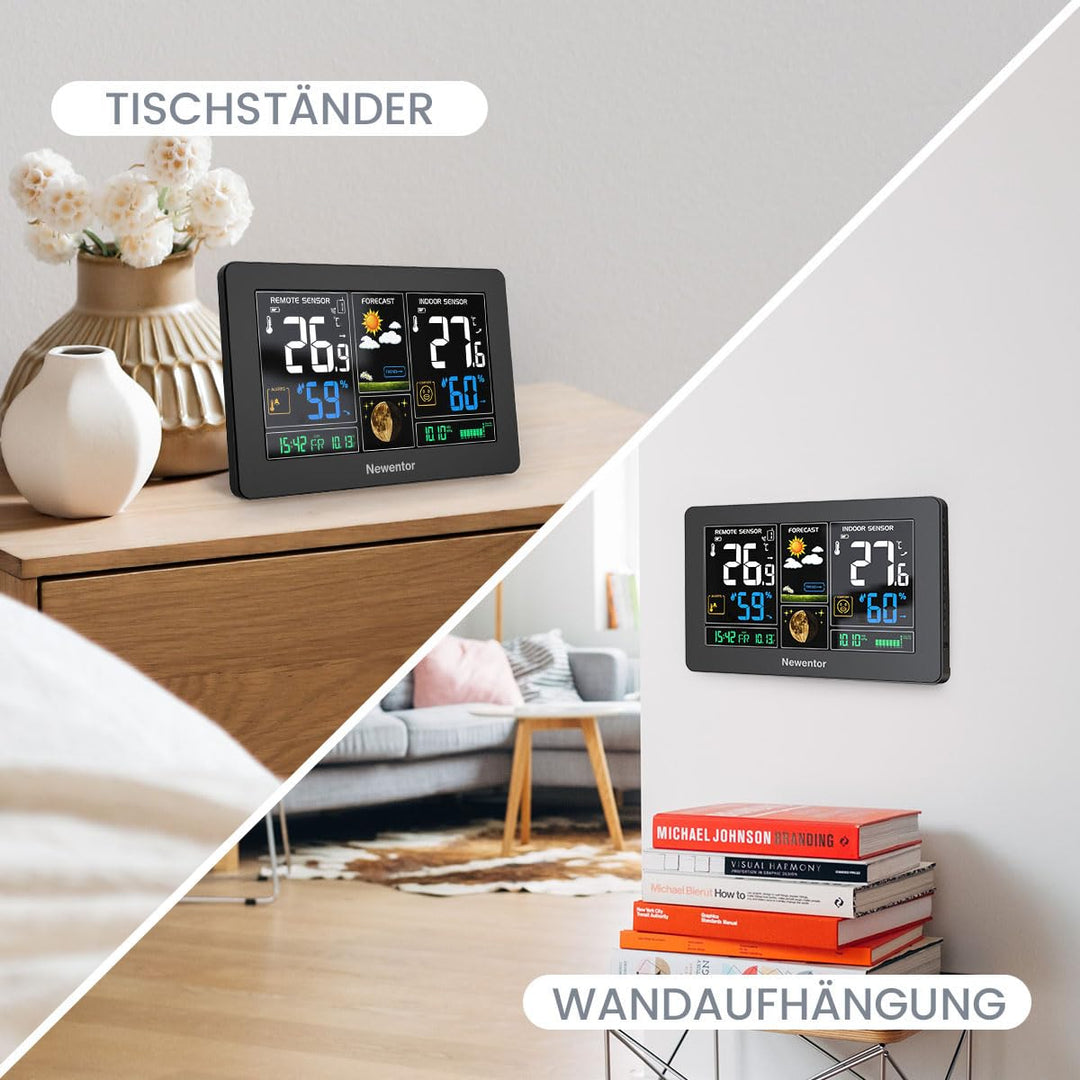 Newentor Wetterstation Funk mit 3 Aussensensoren - Funkwetterstation mit Wettervorhersage, Temperatu