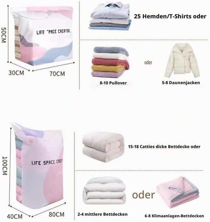 2 Pack No‑Pump Vacuum Storage Bags, Vakuumbeutel ohne Pumpe, Vakuum-Aufbewahrungsbeutel, platzsparen