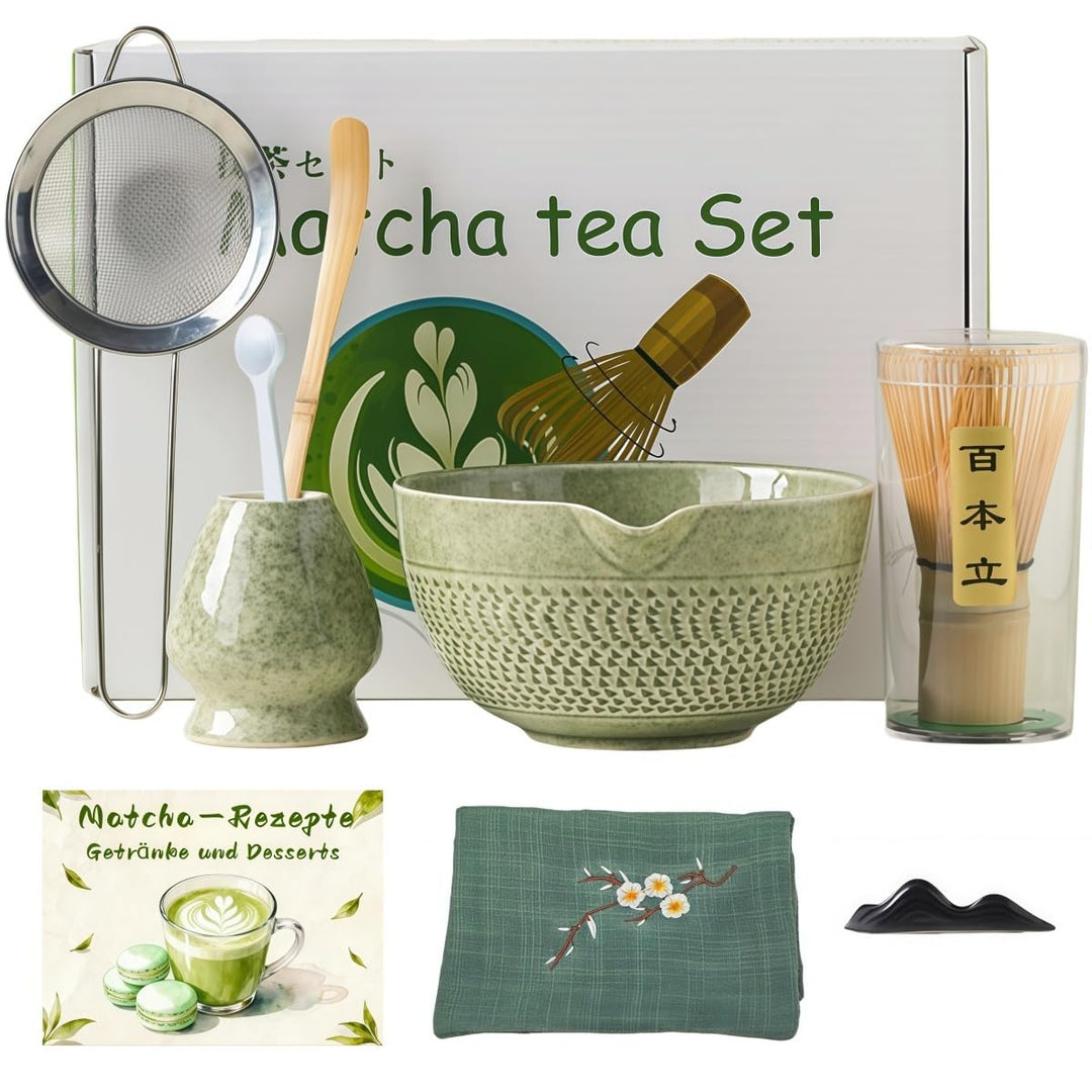Matcha Set mit 9 Zubehörteilen | Inklusive Rezepten für Gebäck & Getränke mit Präzisionsmesslöffel |