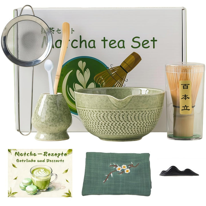 Matcha Set mit 9 Zubehörteilen | Inklusive Rezepten für Gebäck & Getränke mit Präzisionsmesslöffel |