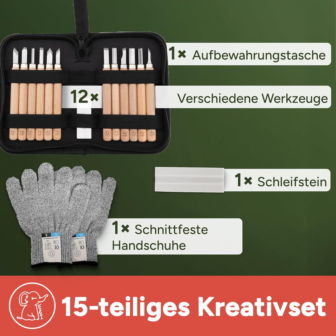 Eli® Schnitzset für Kinder (15-teilig) inkl. Handschuhe - Tasche und Schleifstein - 12 hochwertige S