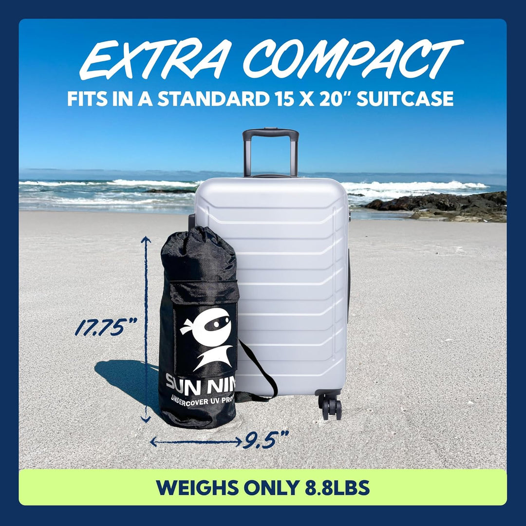 SUN NINJA Strandzelt, Sonnensegel LSF 50+, mit Sandschaufel, Heringen und Stabilitätsstangen, Schatt