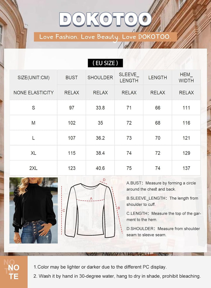 Dokotoo Damen Bluse Elegant Business Chiffonbluse Einfarbig Stehkragen Puffärmel Oberteil Tops S-XXL