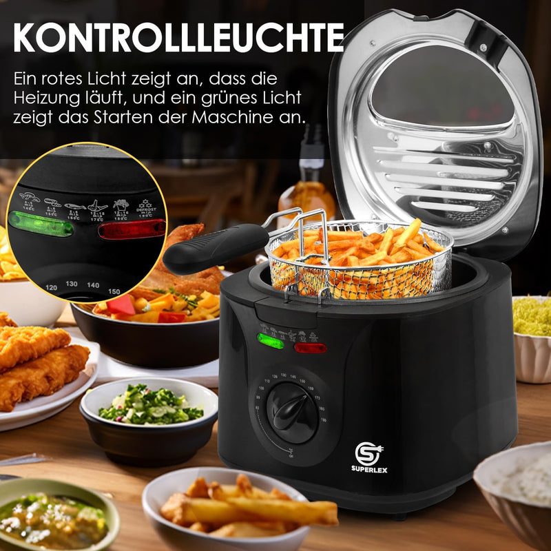 SUPERLEX 2-Liter Elektrische Fritteuse mit öl 1300 Watt, Kapazität 1,3KG Kompakte Tiegelfritteusen,