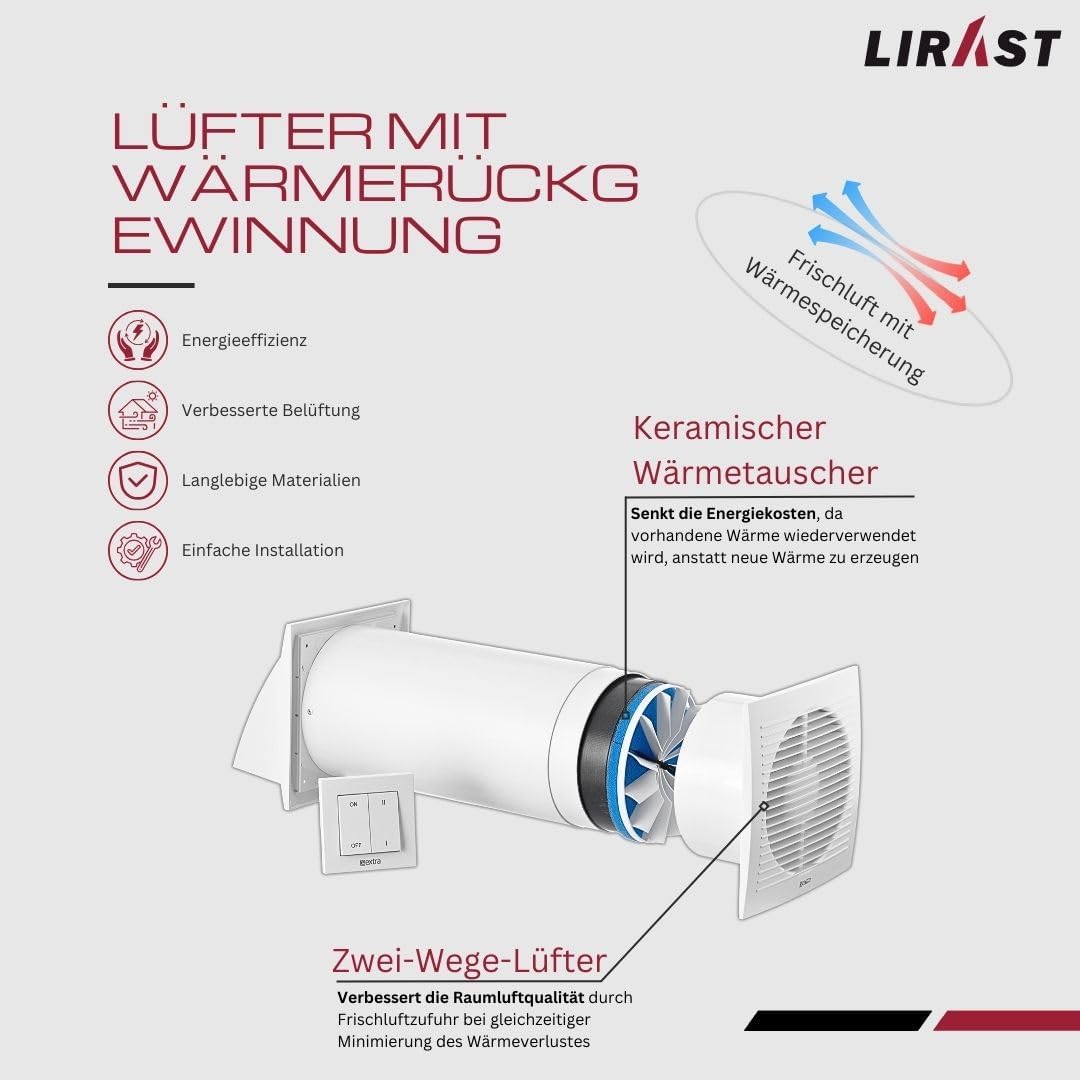 LIRAST Ø 150mm Dezentrale Wohnraumlüftung mit Wärmerückgewinnung - Mit Schalter Weiss Ø 150mm, Weiss