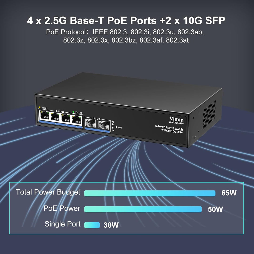 6-Port 2,5G PoE-Switch Unmanaged, 4X 2,5G Base-T PoE-Port+2X 10Gbps SFP+, 4-Port PoE Switch mit 60Gb