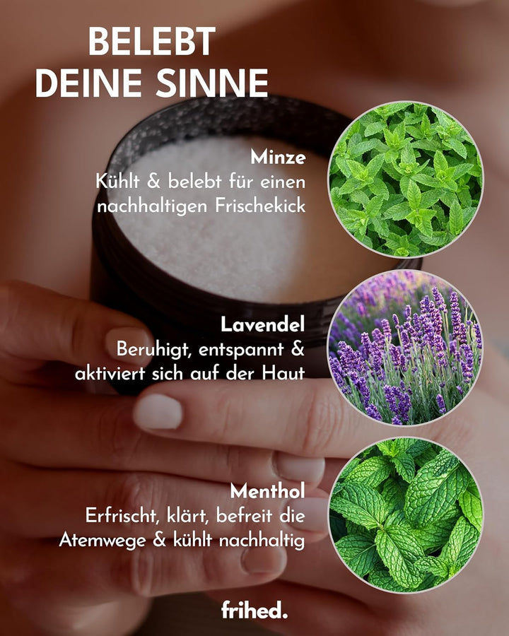 frihed.® Saunasalz Frozen Harmony - Hochwertiges Peelingsalz mit Lavendel-Minze-Menthol Duft - Ideal