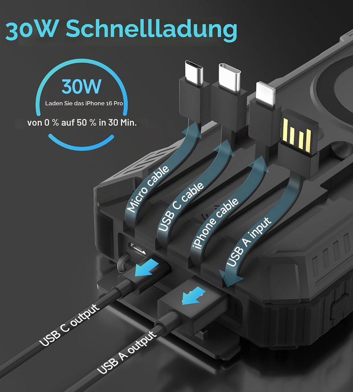 Solar Powerbank 56800mAh, 30W Solarladegeräte PD 3.0A USB C Schnellladen mit 4 Kabeln, 3 Port (2 USB