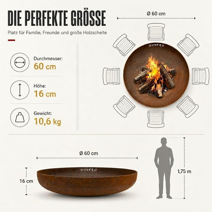 BonFeu BonBowl Feuerschale 60cm - Feuerschalen für den Garten - Feuerstelle Outdoor - Feuerschale mi