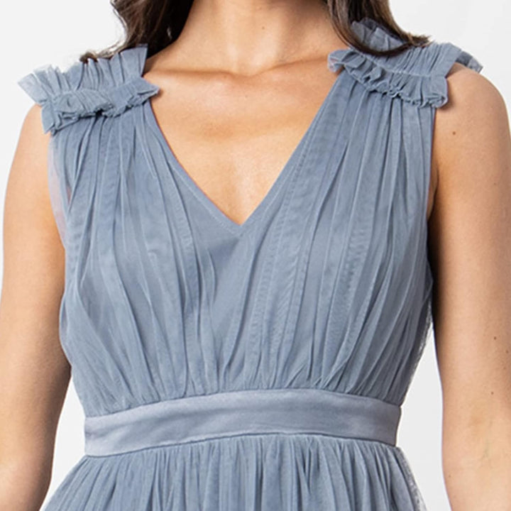 Maya Deluxe Damen Womens Ladies Maxi Dress with Ruffle V Neck Sleeveless High Empire Waist Long for