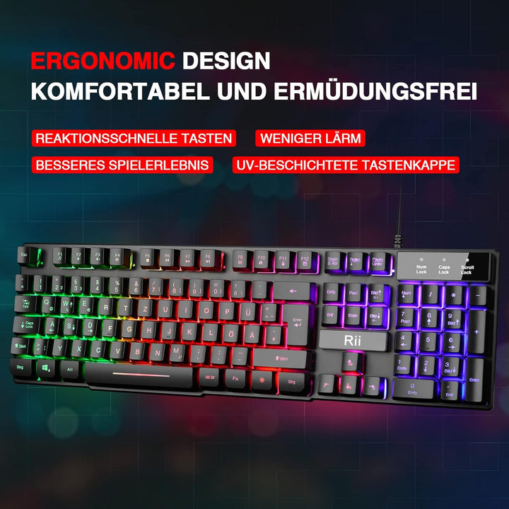 Rii Gaming Tastatur PC, RGB Tastatur kabelgebunden, Regenbogen Beleuchtete Tastatur LED, Gaming Keyb