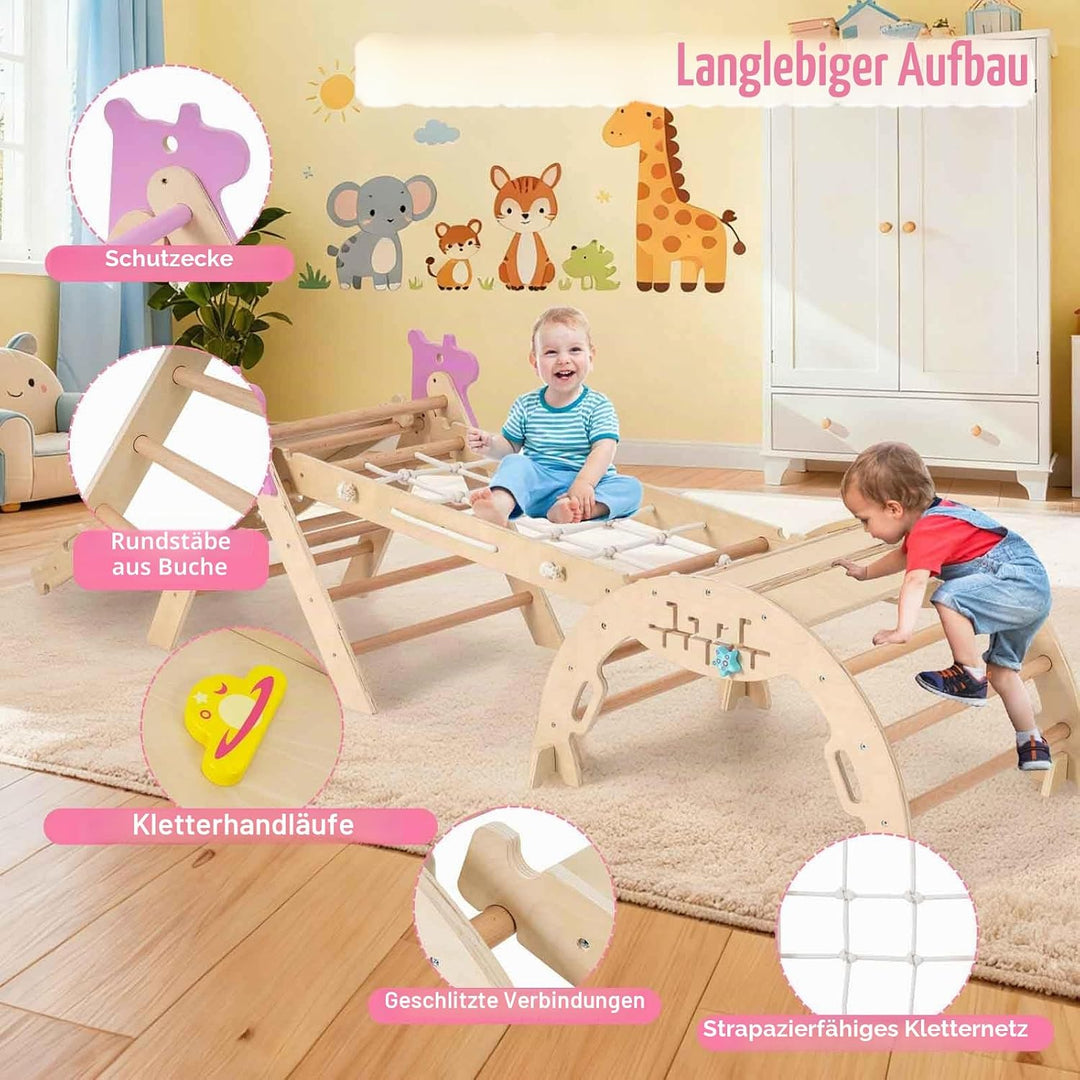 HOMASIS 4 in 1 Kletterdreieck mit Kletternetz, Kletterbogen, Wippe & Leiter, Klettergerüst mit doppe