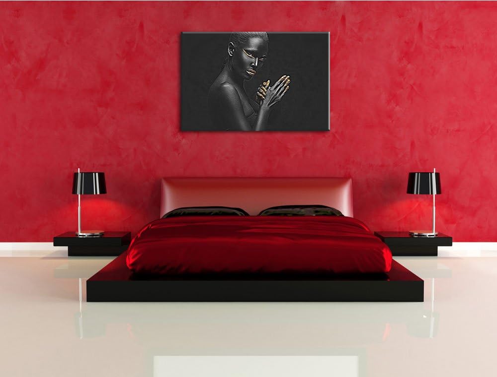 Dark Frau mit goldenen Fingerspitzen und Lippen Deluxe Format: 100x70 cm auf Leinwand, XXL riesige B