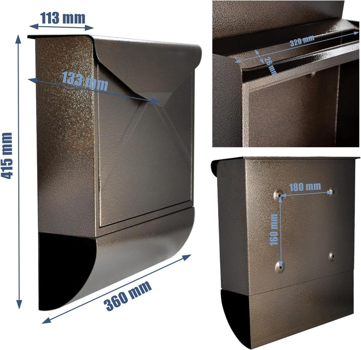 Designer Briefkasten Wandbriefkasten Postkasten mit Zeitungsrolle Zeitungsfach Braun Bronze Antik Br