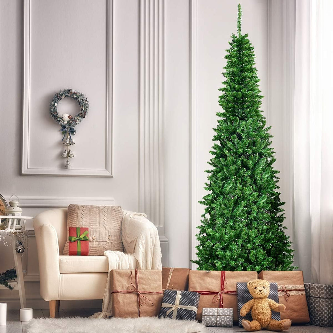COSTWAY 135/200/225cm Bleistift Weihnachtsbaum mit warmweissen LED-Leuchten, künstlicher Tannenbaum
