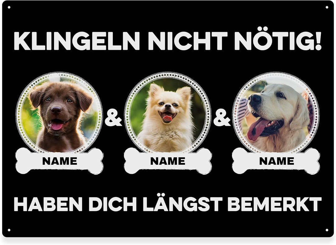 Hunde Schild personalisiert - Klingeln nicht nötig - Metallschild mit Foto und Name für aussen, wett