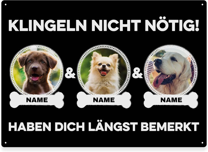 Hunde Schild personalisiert - Klingeln nicht nötig - Metallschild mit Foto und Name für aussen, wett