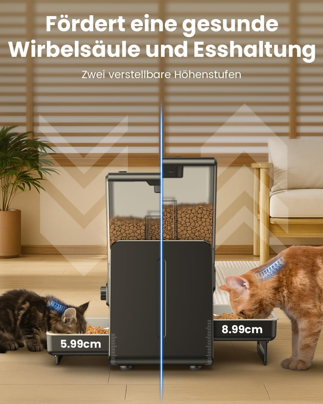 Futterautomat Katze für 2 Katzen, 5L/20 Tassen Katzenfutter Automat mit verstellbaren Schalen, Abneh