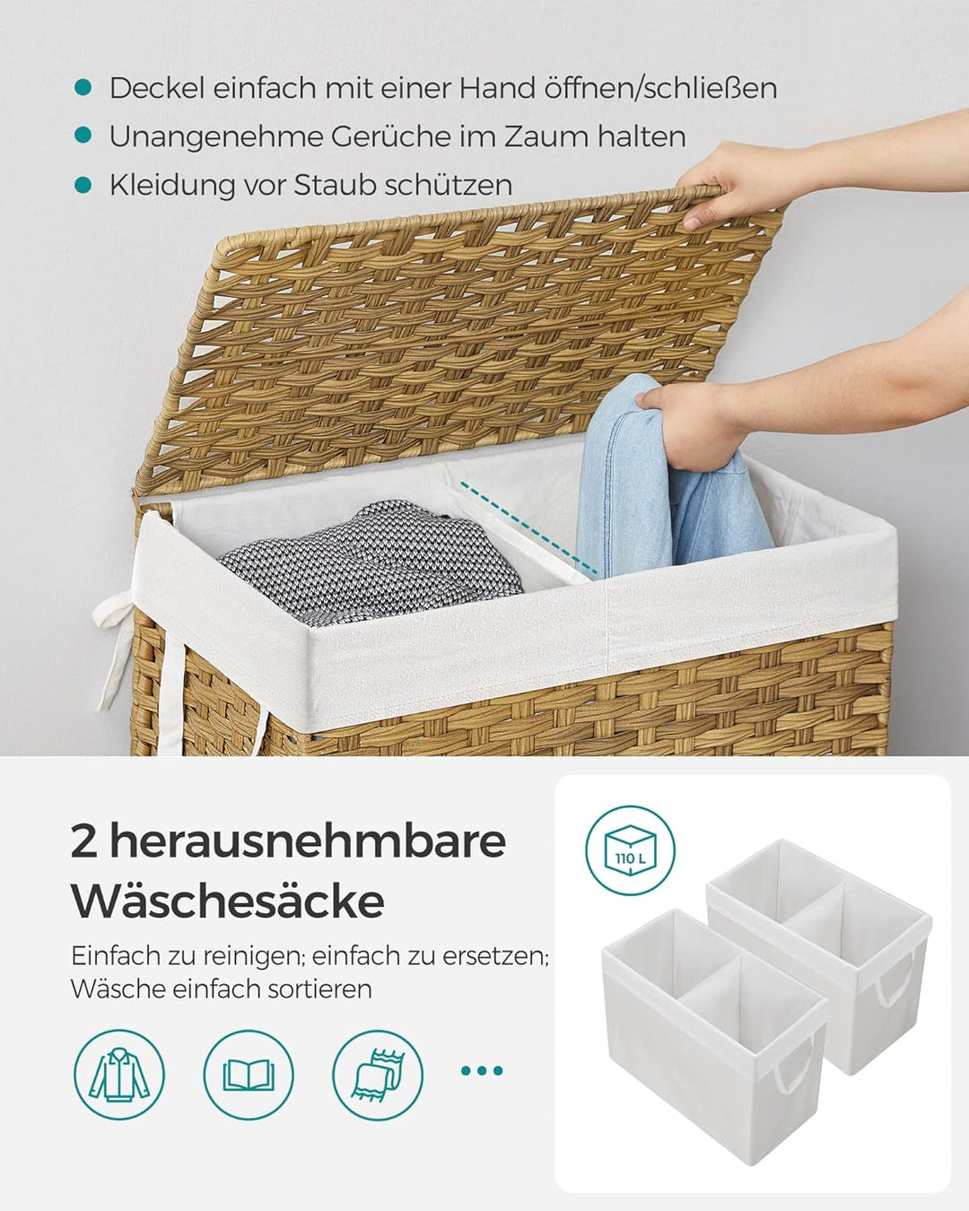 SONGMICS Wäschekorb handgeflochten, Wäschesammler aus synthetischem Rattan, mit Deckel und Griffen,