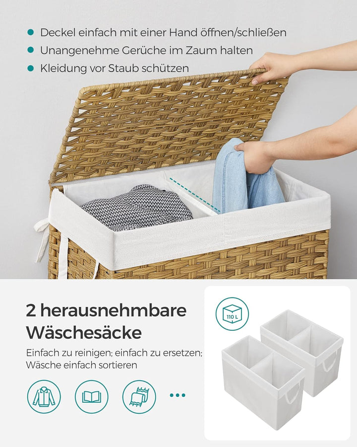 SONGMICS Wäschekorb handgeflochten, Wäschesammler aus synthetischem Rattan, mit Deckel und Griffen,