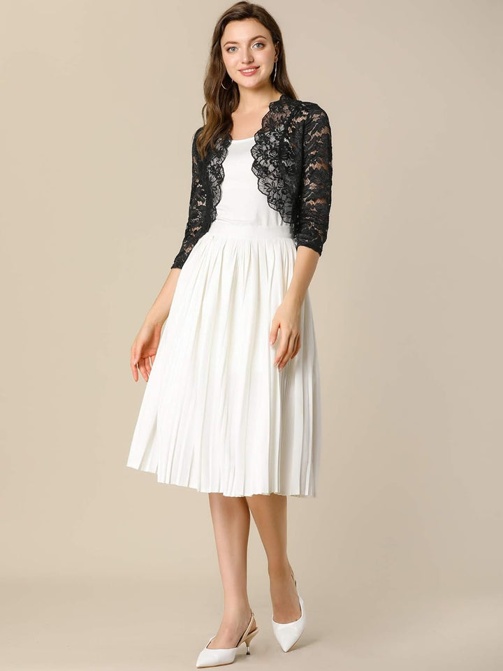 Allegra K Elegantes Damen-Oberteil mit 3/4-Ärmeln, durchscheinend, florales Spitzenoberteil XL Schwa