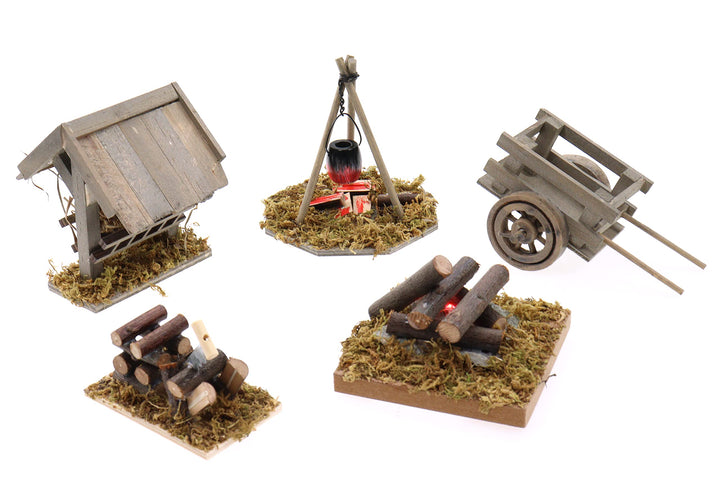 ELLUG Krippenzubehör Set 5tlg. Zubehörteile aus Holz: Futterkrippe, Kochstelle, Lagerfeuer mit LED,