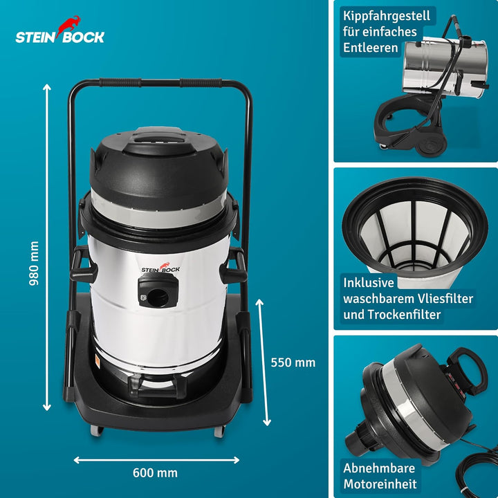 Steinbock Industriesauger nass & trocken| 3.300 Watt | 78 l Fassungsvermögen | mit 3 leistungsstarke