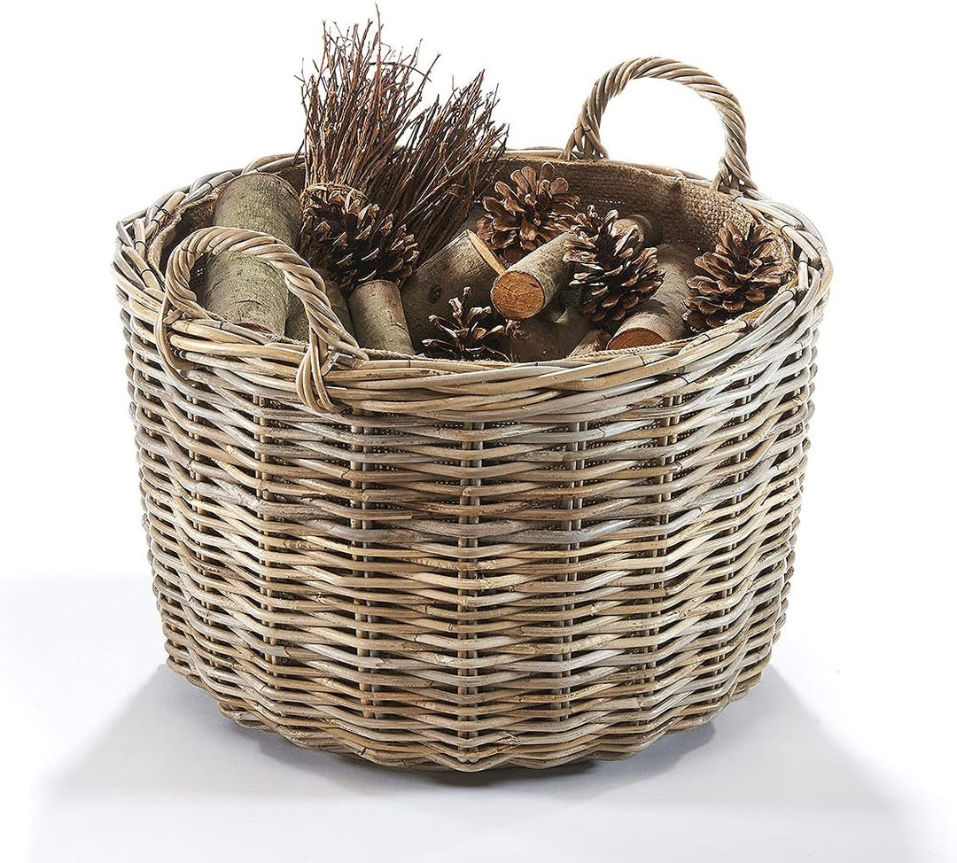 Kobolo Rattankorb Holzkorb für Kaminholz - rund - Rattan kubu grau - 34x50 cm