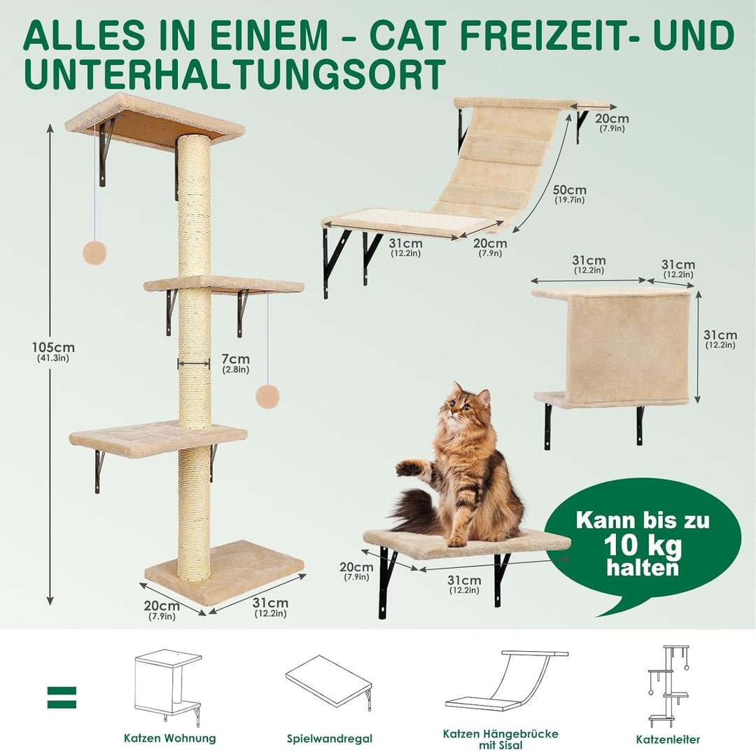 Zvonema Kletterwand Katzen, Katzen Wandelemente, 10-Teilig Kletterwand Set, Stabiler Holz Katzenmöbe
