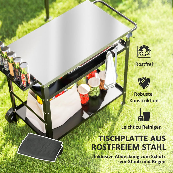 Outsunny Grillwagen 3-Etagen Servierwagen mit Arbeitsfläche Griffe Hülle Räder, höhenverstellbar BBQ